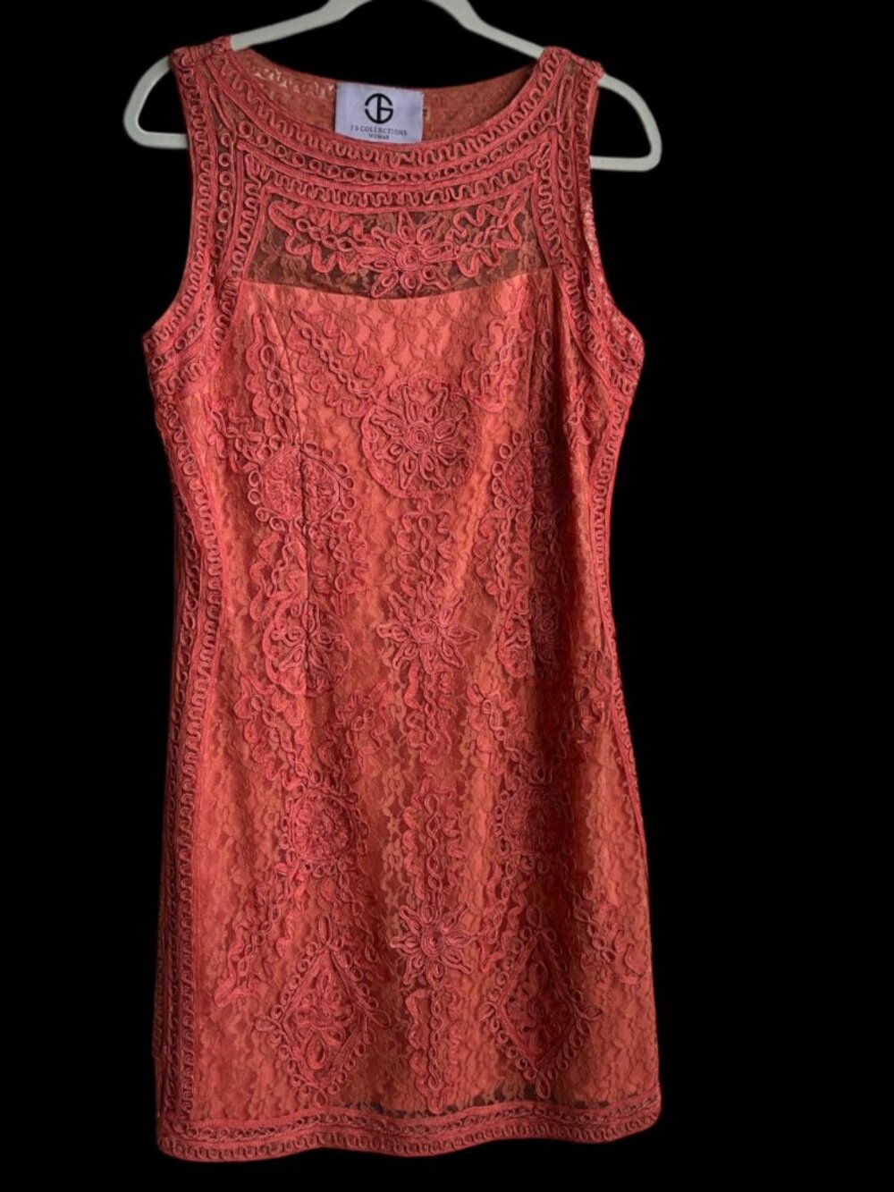 JS Collections Coral Soutache Lace Sheath Dress